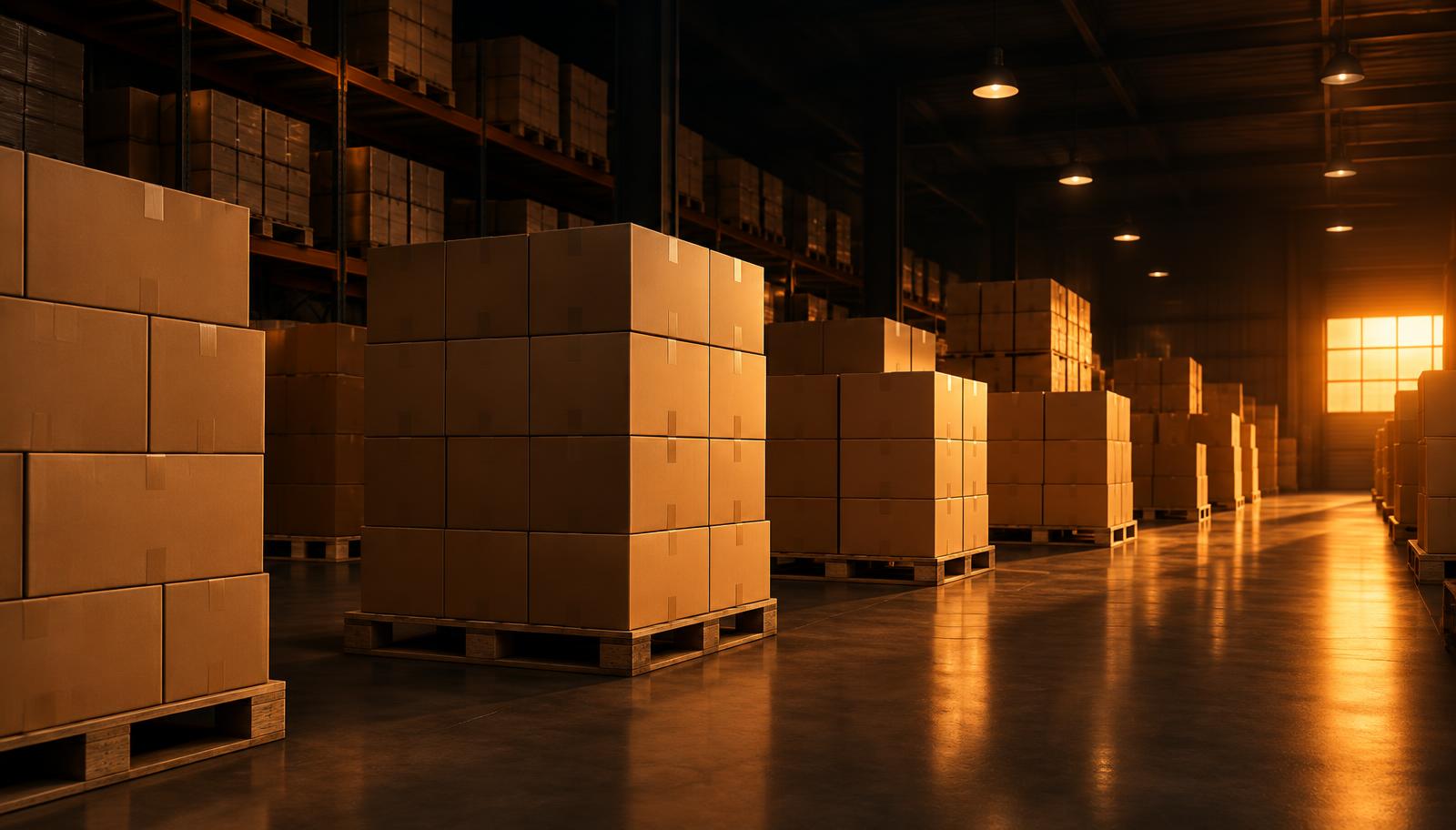 Pallets met dozen in een loods